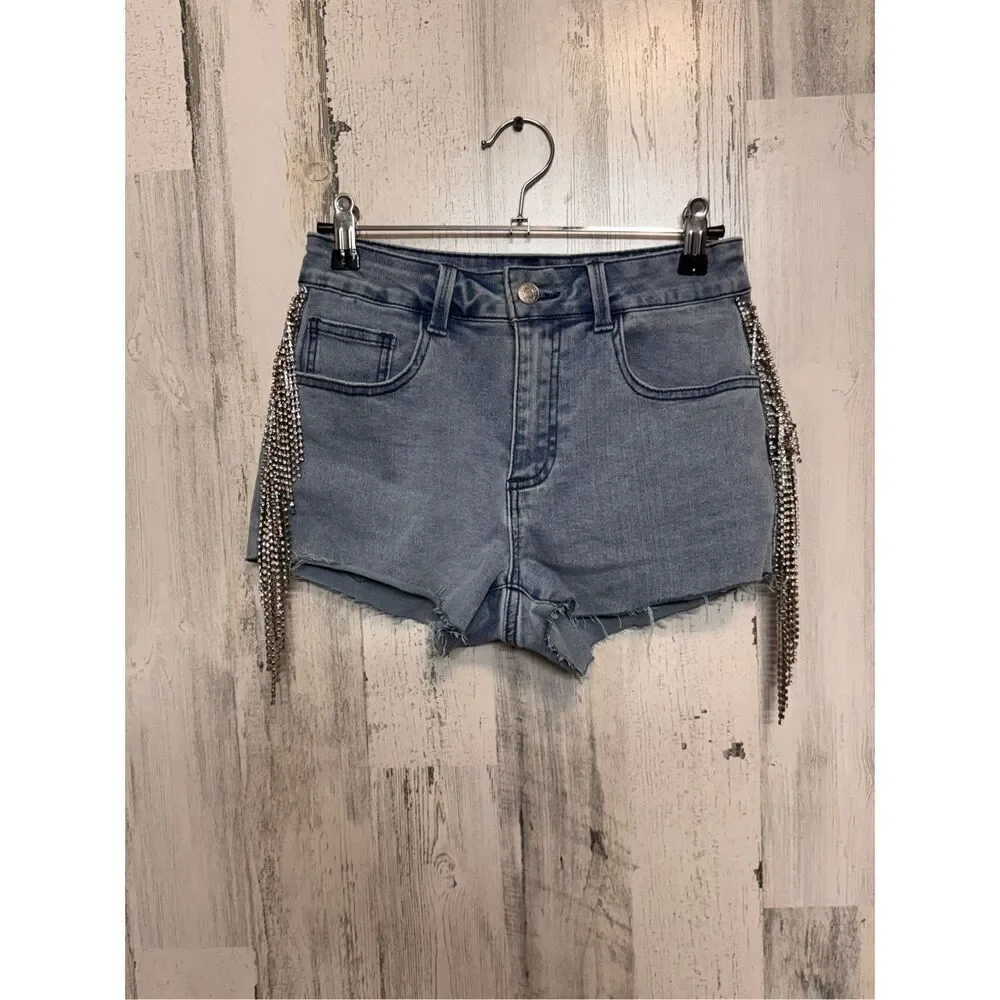 Forever 21 Rhinestone Fringe High-Rise Denim Shorts Size 26